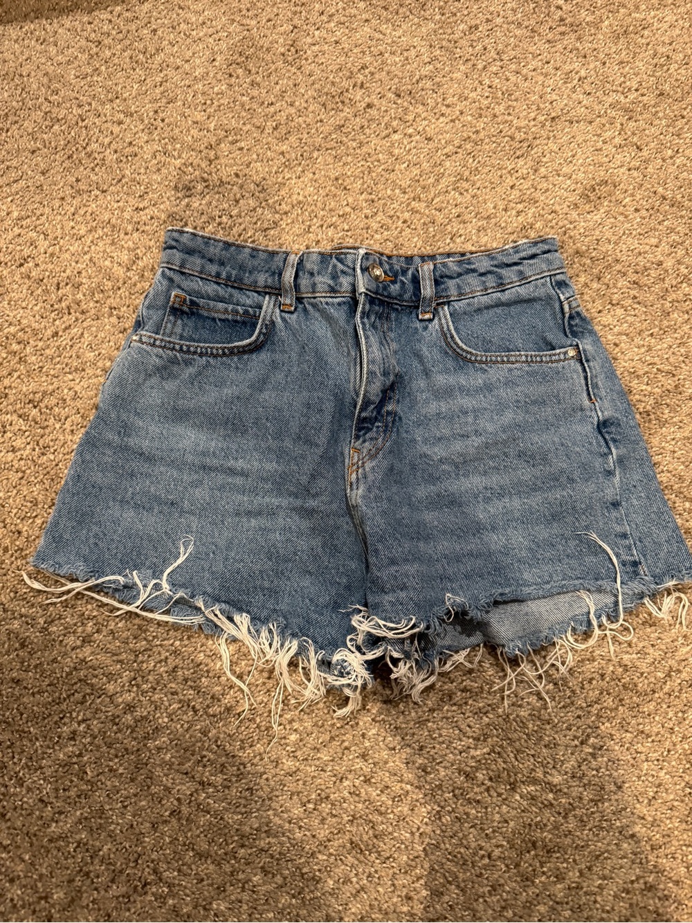 Zara Frayed Hem High-Waist Denim Shorts - Blue